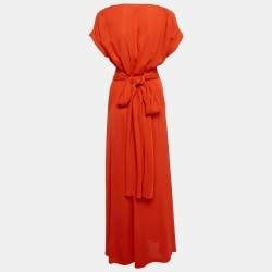 Pre Owned Valentino Orange Silk Crepe Tie-Up Detail Waist Maxi Dress M