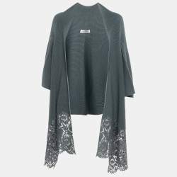Valentino Grey Wool Rib Knit & Lace Trim Open Cardigan M