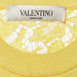 Pre Owned Valentino Yellow Lace and  Jersey Crew Neck Top M