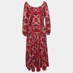 Valentino Red Printed Jersey Pleated Off-Shoulder Maxi Dress M