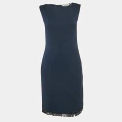 Valentino Navy Blue Crepe Embellished Hem Sleeveless Mini Dress M