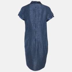 Pre Owned Valentino Blue Textured Silk Button Detail Short Dress M