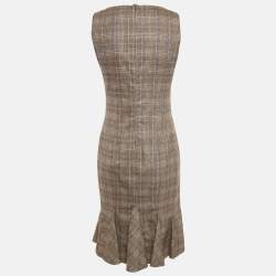 Pre Owned Valentino Brown Plaid Wool Sleeveless Flounce Short Dress M