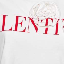 Pre Owned Valentino Off White/Red Logo Print Floral-Applique Top XS