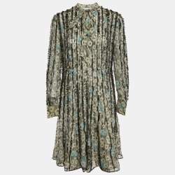 Pre Owned Valentino Multicolor Printed Silk Bead Embellished Pintuck Detail Dress M