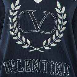 Pre Owned Valentino Navy Blue Logo Embroidered Cotton Knit Jumper S