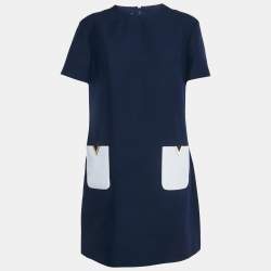 Pre Owned Valentino Navy Blue Wool Blend Pocket Detail Mini Dress L