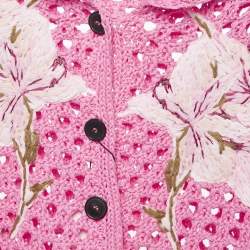 Pre Owned Valentino Pink Floral Embroidered Crochet Short Sleeve Cardigan S