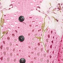 Pre Owned Valentino Pink Floral Embroidered Crochet Short Sleeve Cardigan S