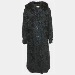 Valentino Vintage Black Real Fur Trim Collar Shearling Overcoat L