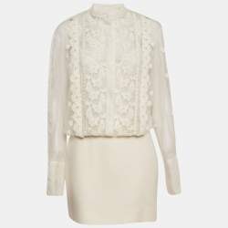 Valentino White Silk and Wool Blend Embellished Lace Detail Mini Dress M