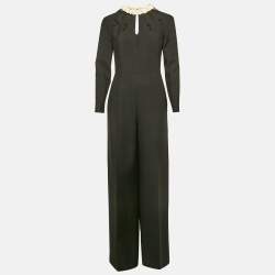 Valentino Black Wool Blend Leather Applique Detail Jumpsuit M 