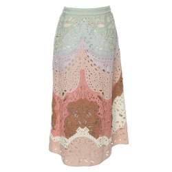 Valentino Multicolor Linen Laser Cut Beaded Embellished Skirt M