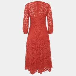 Valentino Red Corded Lace Long Sleeve Midi Dress M