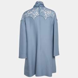 Pre Owned Valentino Blue Wool Blend Lace Detail Shift Dress L
