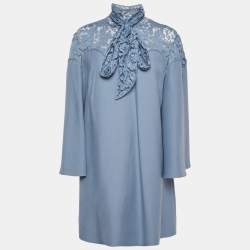 Pre Owned Valentino Blue Wool Blend Lace Detail Shift Dress L