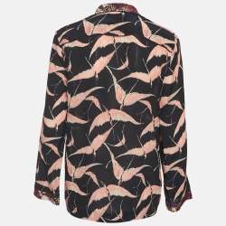 مملوكة مسبقًا قميص فالنتينو حرير أزرار أمامية بطبعة طيور أسود مقاس صغير