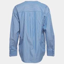 Pre Owned Valentino Blue Stripe Cotton Logo Plaque Detail Blouse S