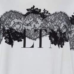 Pre Owned Valentino White Cotton Knit & Black Lace Paneled Oversized T-Shirt M