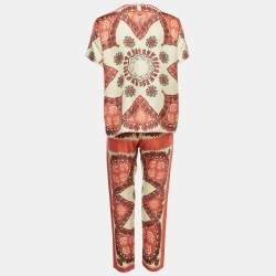 Pre Owned Valentino Cream/Pink Shell Printed Silk Top and Pants Set S/M