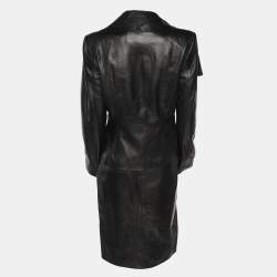 Pre Owned Valentino Black Leather Lace Trimmed Jacket Skirt Set L/M