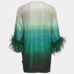 Pre Owned Valentino Green Ombre Ostrich Feather Trim Lurex Knit Mini Dress XS