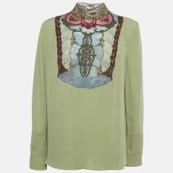 Pre Owned Valentino Green Embroidered Detail Silk Blouse L