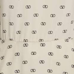 Pre Owned Valentino Cream Logo Print Silk Gathered Sleeve Mini Dress S