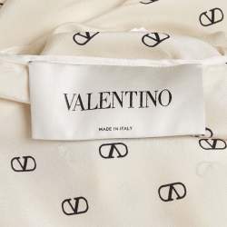 Pre Owned Valentino Cream Logo Print Silk Gathered Sleeve Mini Dress S
