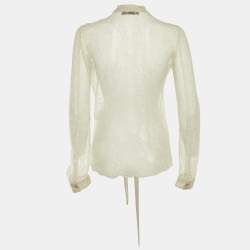 Pre Owned Valentino Pale Grey Lace Neck Tie Sheer Blouse S 