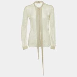 Pre Owned Valentino Pale Grey Lace Neck Tie Sheer Blouse S 