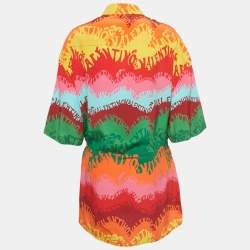 Pre Owned Valentino Multicolor Wave Logo Print Silk Belted Shirt Dress S