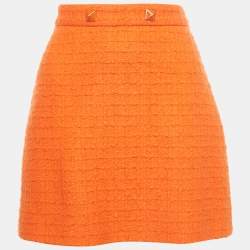 Pre Owned Valentino Orange Embellished Tweed Open Front Jacket & Skirt Set S/M 