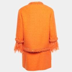 Pre Owned Valentino Orange Embellished Tweed Open Front Jacket & Skirt Set S/M 