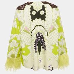 Pre Owned Valentino Green Arazzo Print Cotton Poplin Feather Detail Blouse M