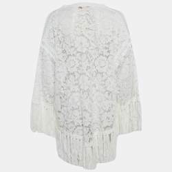 Pre Owned Valentino White Lace Fringed Loose Fit Mini Dress M