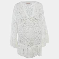 Pre Owned Valentino White Lace Fringed Loose Fit Mini Dress M