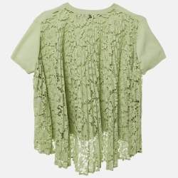 Pre Owned Valentino Green Knit & Lace Flared Blouse M 