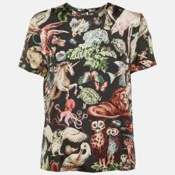 Pre Owned Valentino Black Animal Fantasy Print Silk Top S 