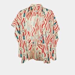 Pre Owned توب فالنتينو قطن أبيض بطبعة أحمر شفاه مربوط من الأمام مقاس متوسط (ميديوم)