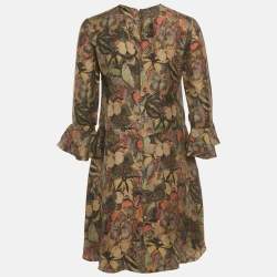 مملوكة مسبقًا فستان فالنتينو ميني حرير بطبعة فراشات سوداء وخضراء مقاس متوسط