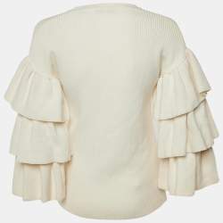 Pre Owned بلوزة فلانتينو كريمية صوف تريكو أكمام مكشكشة صغير الحجم