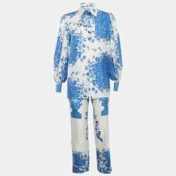 Pre Owned Valentino Blue/White Floral Print Silk Blouse and Pants Set S