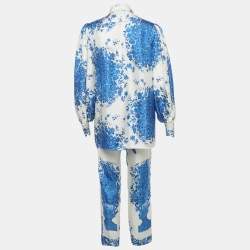 Pre Owned Valentino Blue/White Floral Print Silk Blouse and Pants Set S