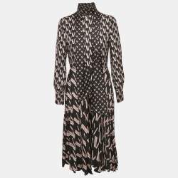 Pre Owned Valentino Black/Pink Printed Silk Plissé Midi Dress M