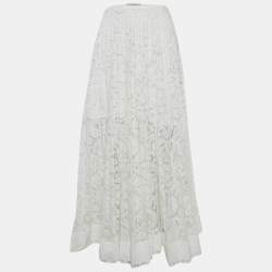 مملوكة مسبقًا Valentino White Floral Lace Pleated Maxi Skirt S