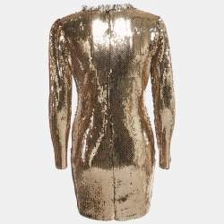Pre Owned Valentino Gold Sequin Jersey Long Sleeve Mini Dress XL
