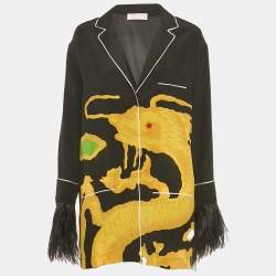 مملوكة مسبقًا Valentino Black Printed Silk Feather Trim Shirt S