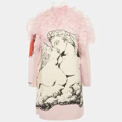 Pre Owned Valentino Pink Graphic Print Wool Blend Feather Trim Dress S