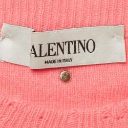 Pre Owned Valentino Pink Intarsia Wool Knit Distressed Sweater S